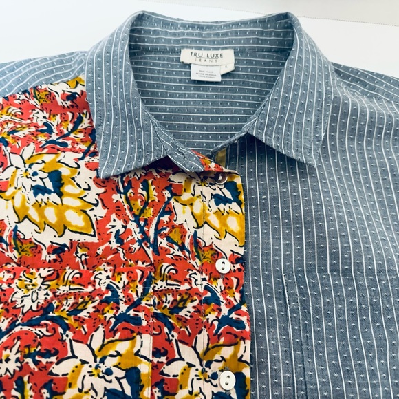 Tru Luxe Jeans Button Front Women's Shirt Mix of Different Fabrics Size Large - Picture 10 of 16